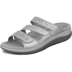 image:imageOrthofeet Womens Orthopedic Sahara Adjustable ThreeStrap Slide SandalSilver Metallic